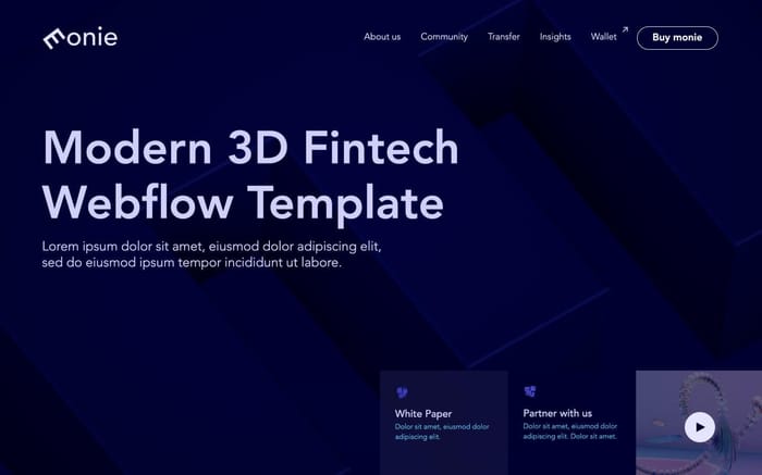 monie - Finance Website Template - Get this dark-themed, modern 3D Fintech template with smooth, simple animations and interactions, and start impressing customers, potential investors, and your community.