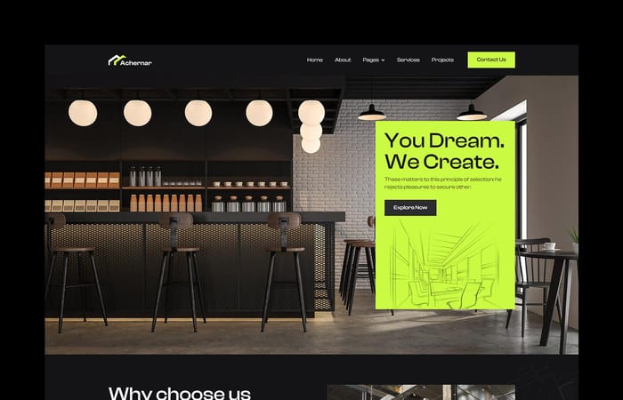 Achernar - Architecture Website Template - Achernar Webflow template with a dark layout, velvety animations, neat typography, and trending design will make you stand out amongst your competitors. Appropriate for any Architectural Firms, Interior Design Studios, Agencies, or Startups.