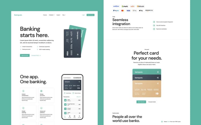 Banquee - Bank Website Template - Banquee is a modern Webflow template perfectly suited for banks, finance startups, fintech startups, tech startups and other SaaS businesses. It comes with an elegant and minimal design, advanced interactions and CMS integration.