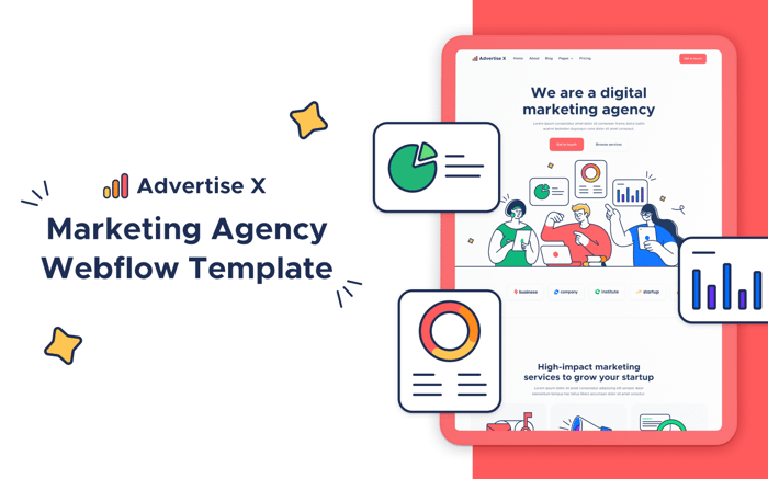 Advertise X - Consulting Website Template - Impress your website visitors and transform them into paying clients with Advertise X, our premium marketing agency Webflow Template designed for video, content and social media marketing agencies looking to take their website to the next level.
