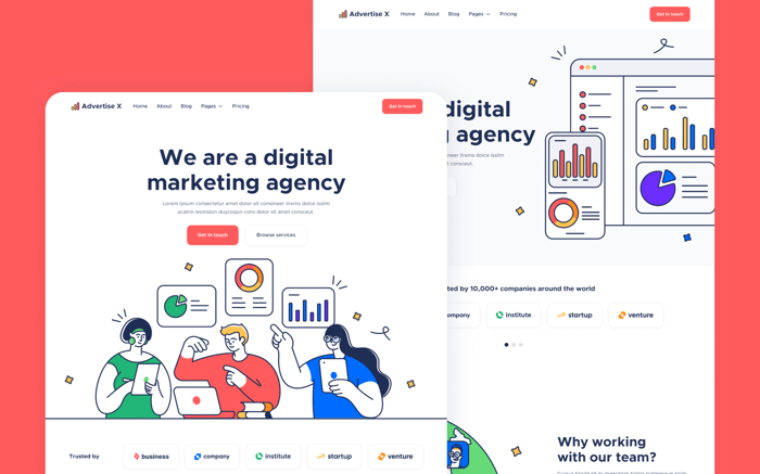 Advertise X - Consulting Website Template - Impress your website visitors and transform them into paying clients with Advertise X, our premium marketing agency Webflow Template designed for video, content and social media marketing agencies looking to take their website to the next level.