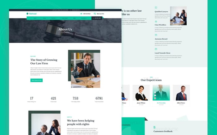 Aeinzai - Law Firm Website Template - Aeinzai is a fully-responsive website template to build your upcoming Lawfirm, Law chamber, or Law bar website. Aeinzai is a responsive modern Webflow template for Lawfirm websites with all essential CMS features.
