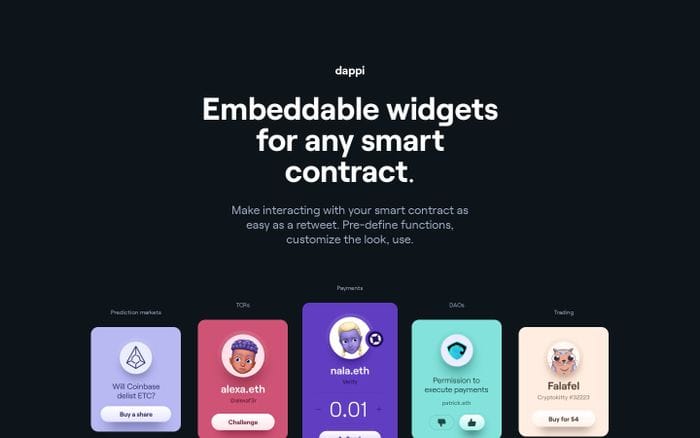 · Payments · Personal tokens · TCRs · DAOs · TradingDappi · Widget for any smart contract website preview