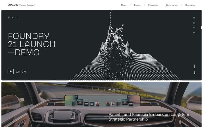 Palantir investor relations website preview