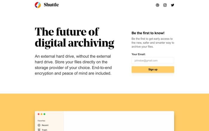 The future of digital archiving — Shuttle website preview