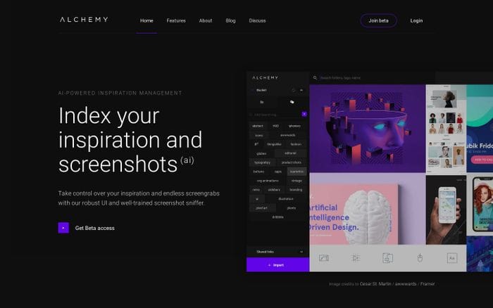 AI-driven inspiration and screenshot platform - Alchemy.is website preview