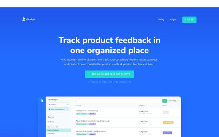 Shipright – Track product feedback in one organized place website preview