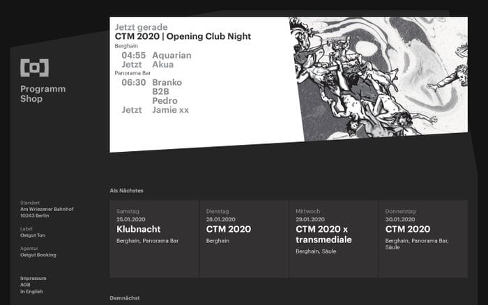 Berghain | Panorama Bar | Säule | Halle | Kantine am Berghain | Am Wriezener Bahnhof | 10243 Berlin — Berghain website preview