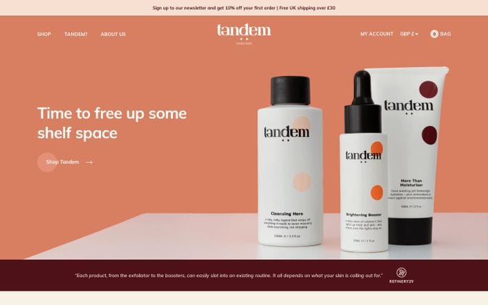 Tandem Skincare website preview