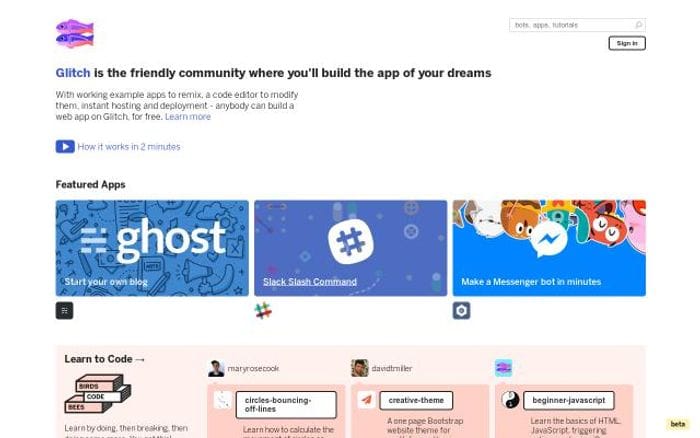 Glitch website preview
