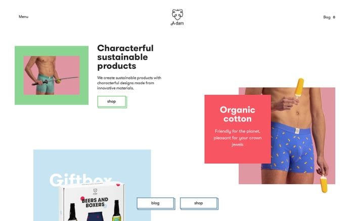 For men with character. Organic cotton T-shirts and underwear, 100% recycled polyester swimwear - A-dam Underwear website preview