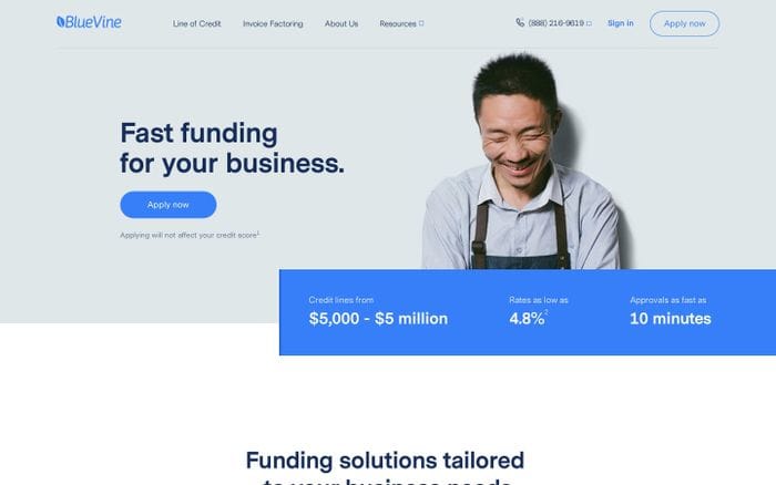 Invoice Factoring and Business Line of Credit from BlueVine website preview