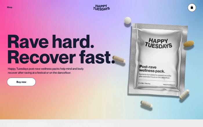 Post-rave wellness packs | Rave recovery supplement | Comedown – Happy Tuesdays Store website preview