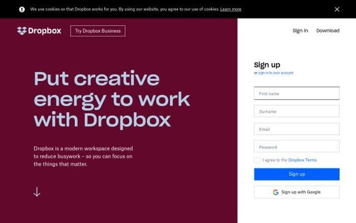 Dropbox website preview