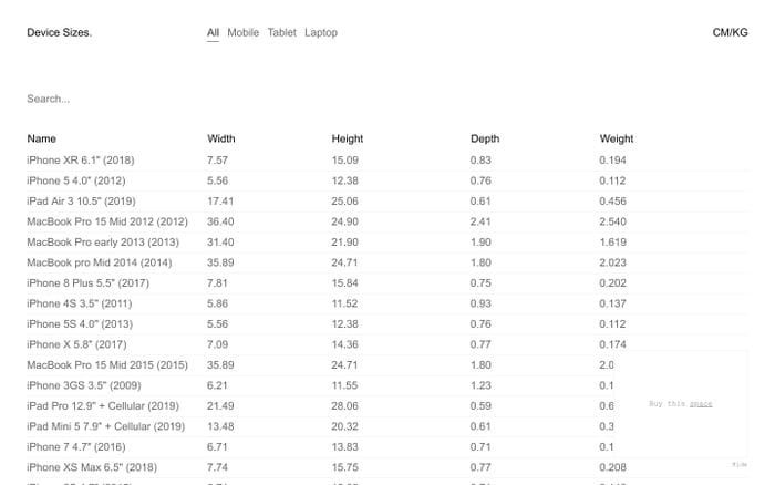 Device Sizes website preview