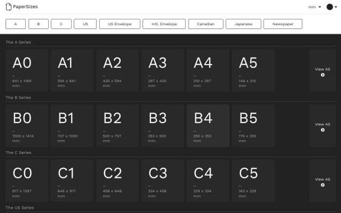 Papersizes website preview