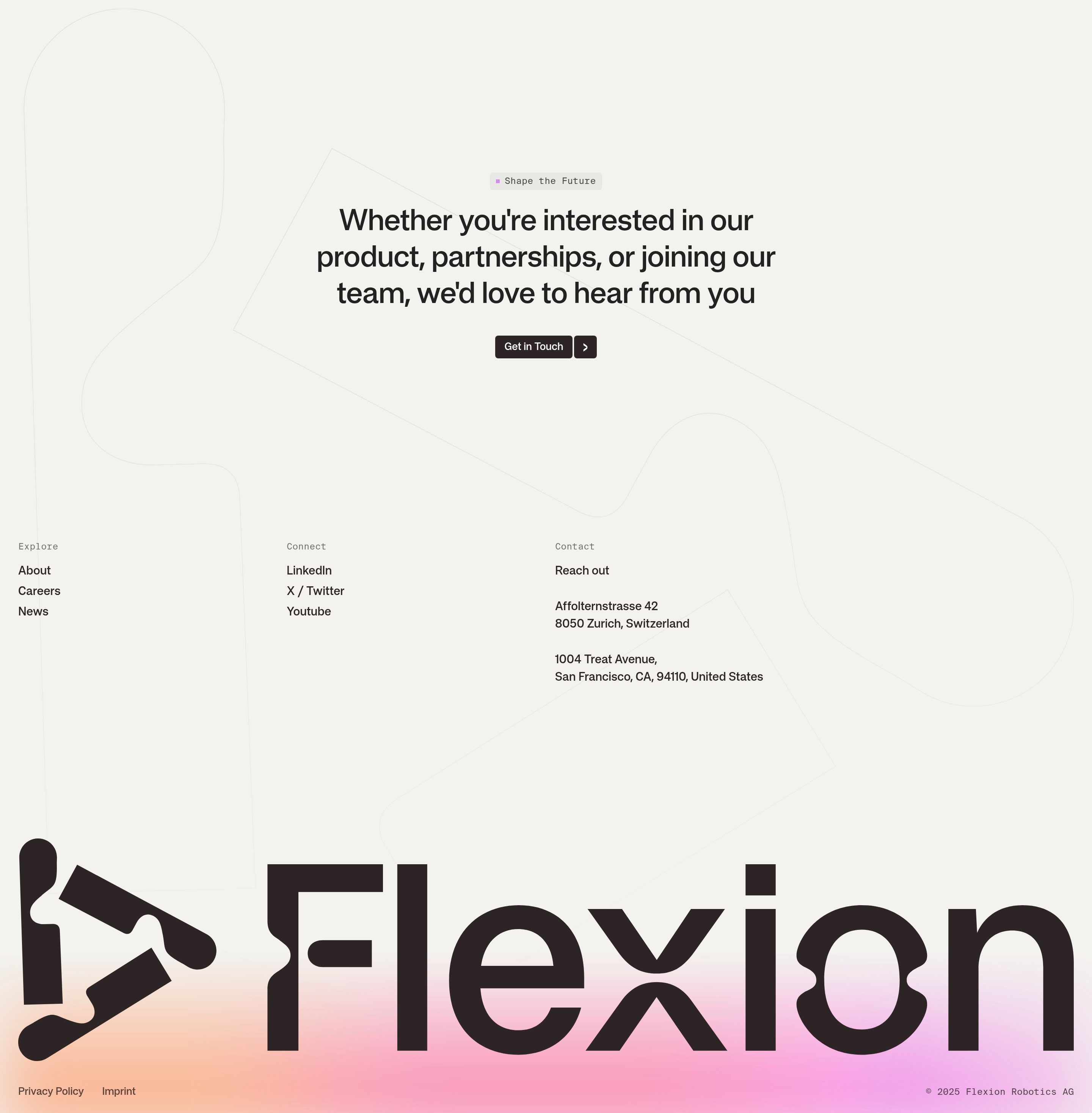 Flexion Robotics footer with contact headline, Get in Touch button, three link columns, and oversized Flexion wordmark on a gradient.
