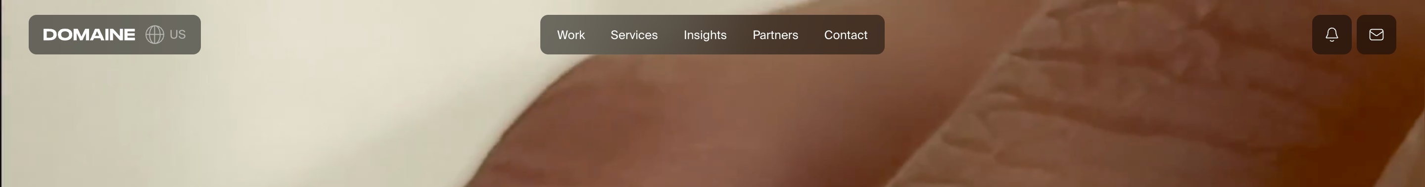Domaine header with DOMAINE US pill, centered Work–Contact links, and bell and mail icons over a warm photo.