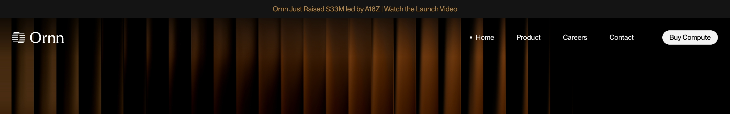 Ornn header: gold $33M raise banner above a dark striped bar with logo, nav links, and Buy Compute button