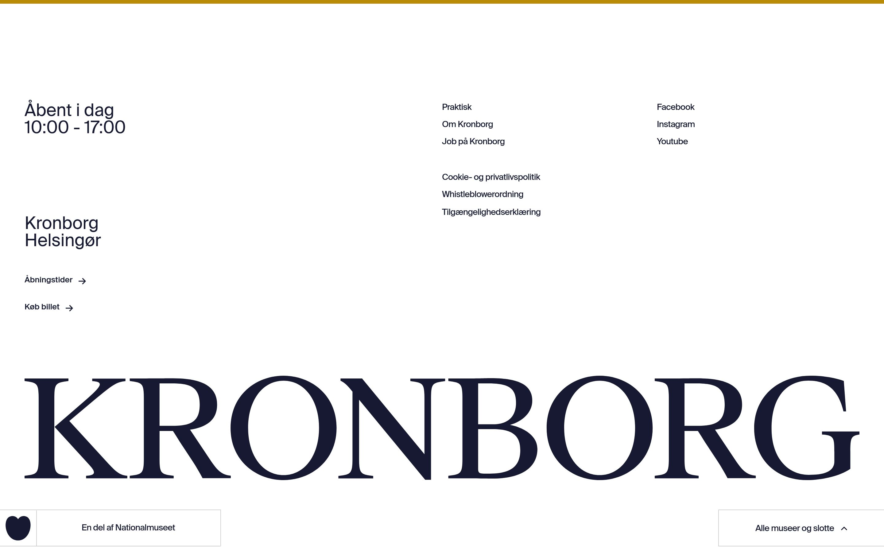 Kronborg footer with hours, Helsingør identity, link columns, oversized KRONBORG wordmark, and Nationalmuseet bar
