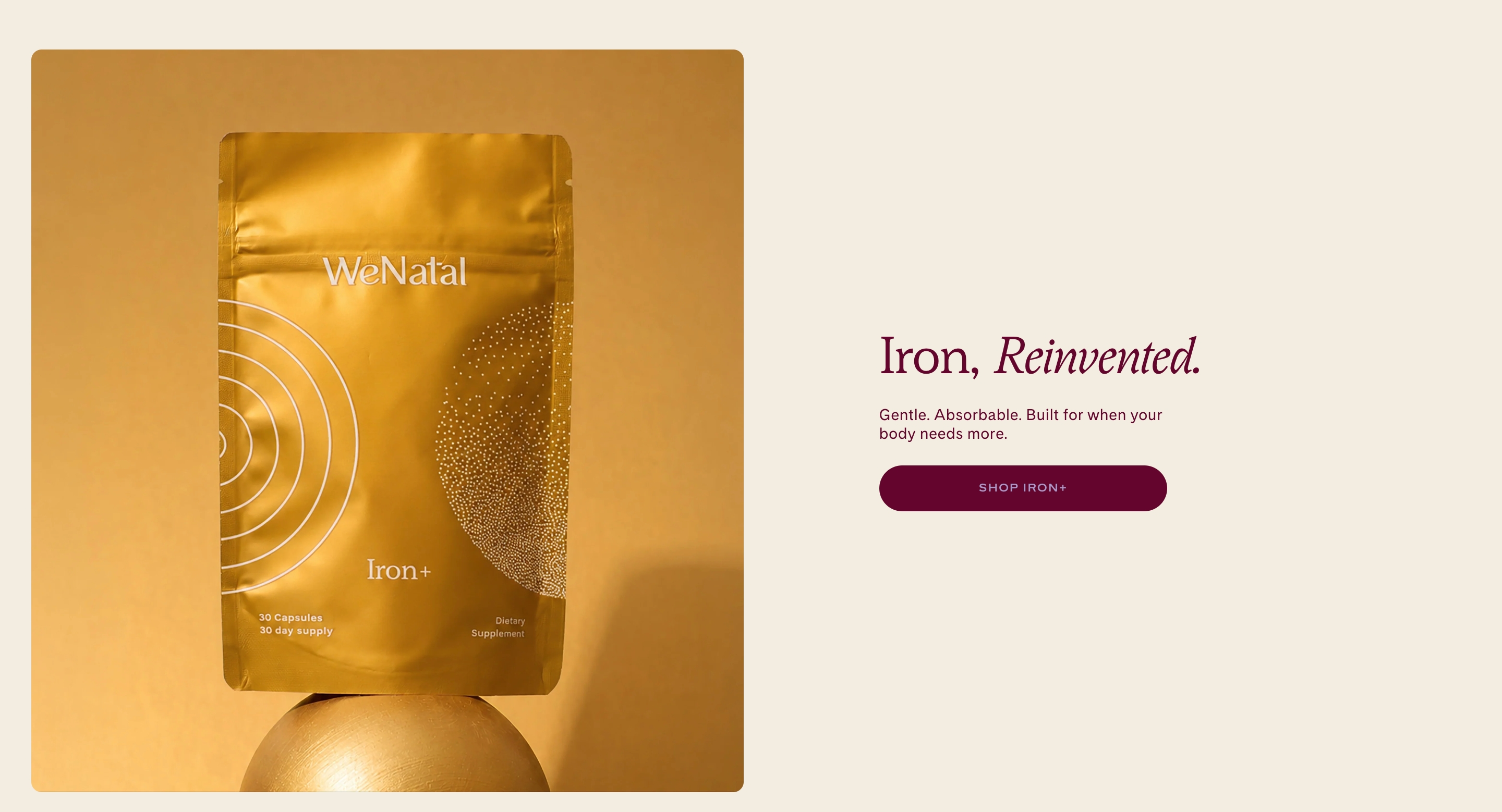 WeNatal featured product section with Iron+ gold pouch, Iron Reinvented headline, and Shop Iron+ button