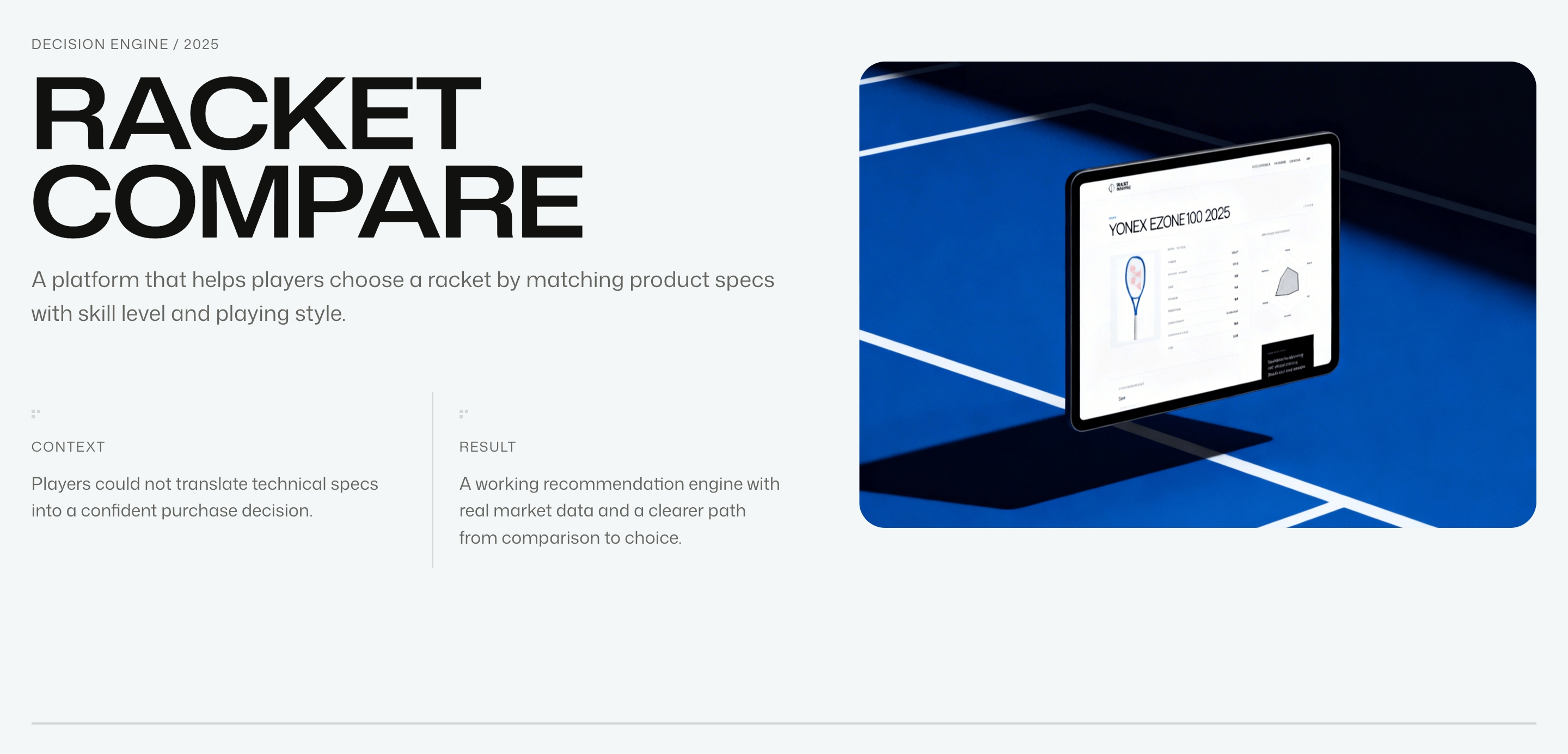 Zentto Racket Compare case study with oversized title, context and result, and a tablet UI on a tennis court.