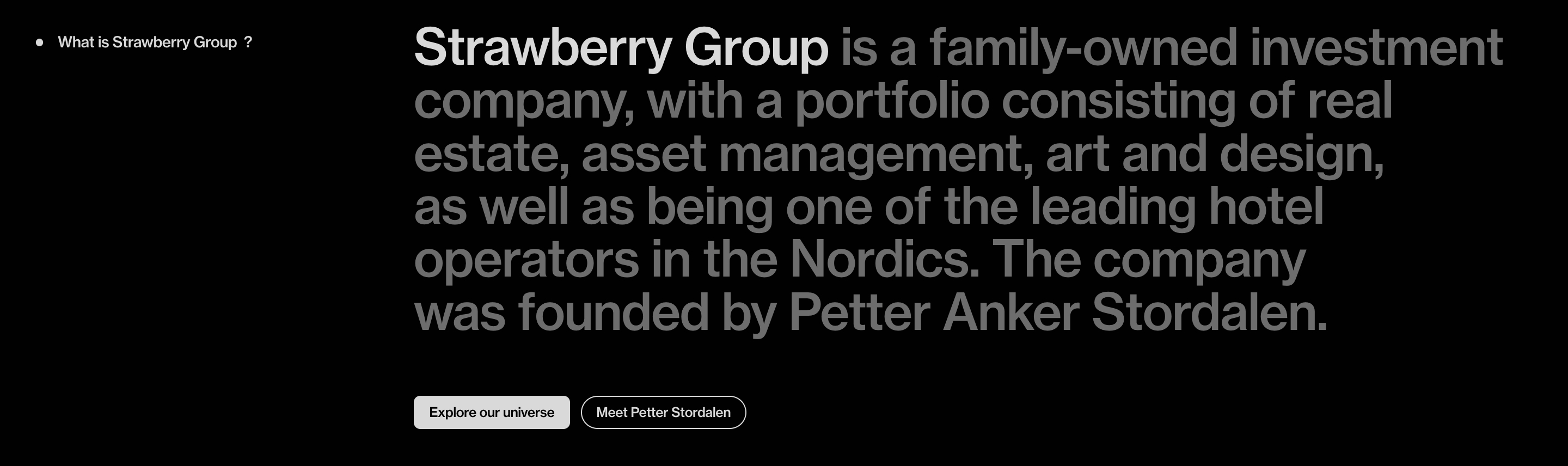 Strawberry Group about section: black two-column layout with a left label, oversized company description, and two pill buttons.