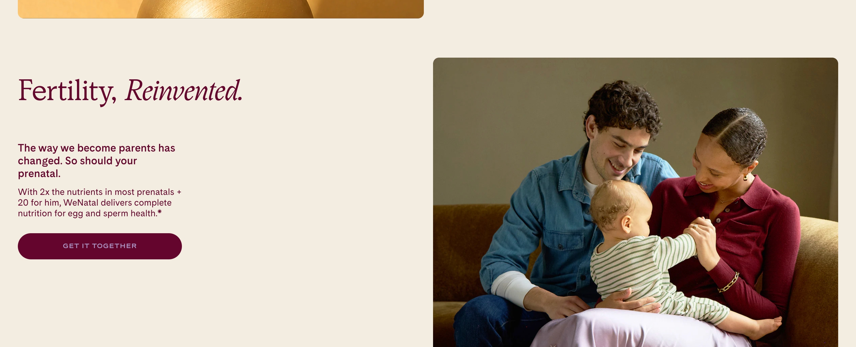 WeNatal brand mission section with Fertility, Reinvented headline, Get It Together button, and couple with baby photo