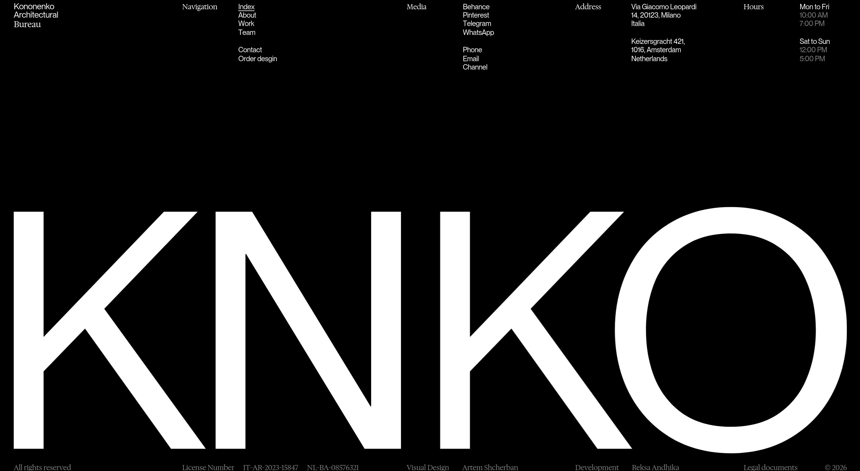 Kononenko Architectural Bureau footer with nav, media, addresses, hours, huge KNKO mark, and legal credits on black.