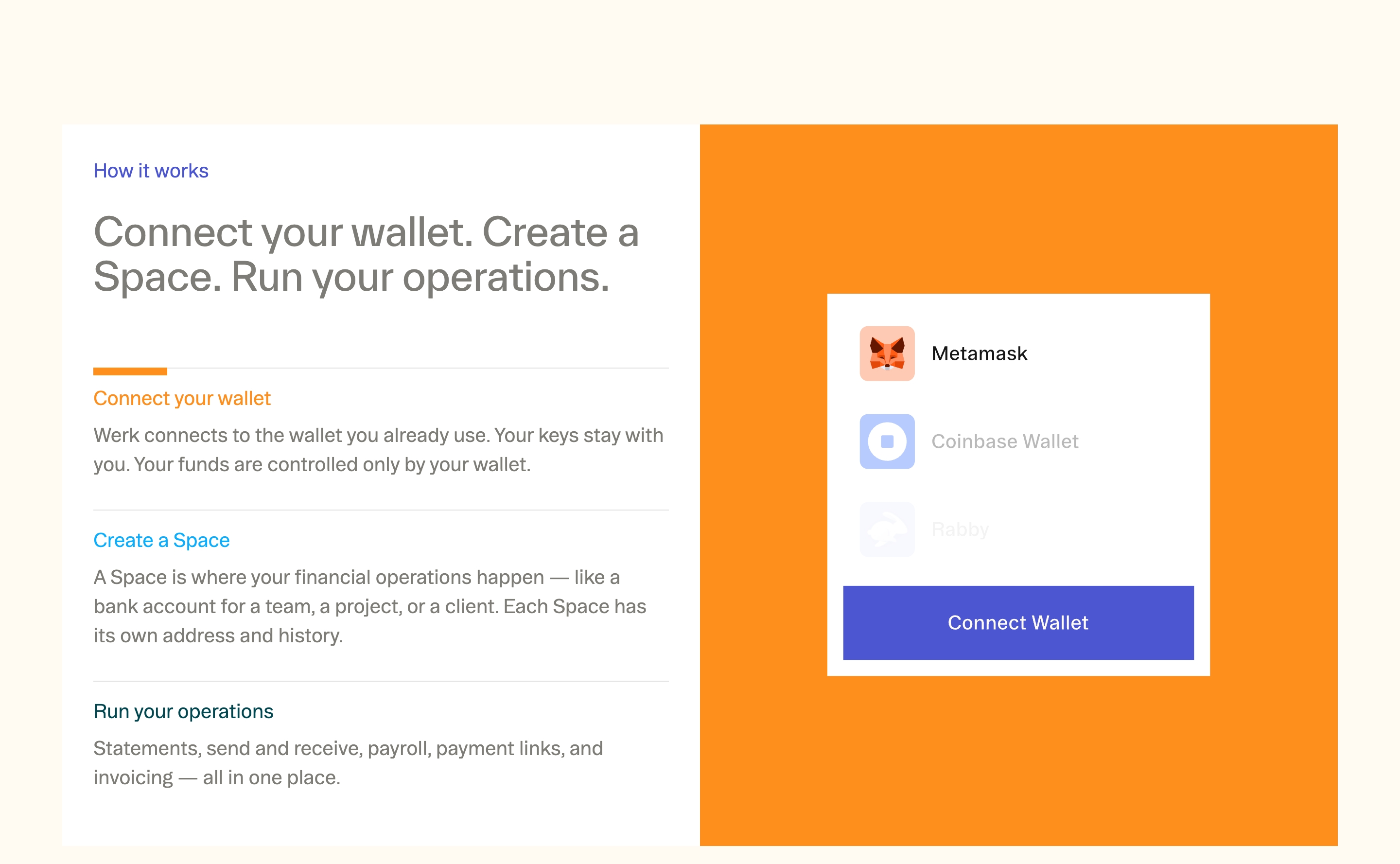 Werk how-it-works split: three onboarding steps beside an orange wallet-connect card