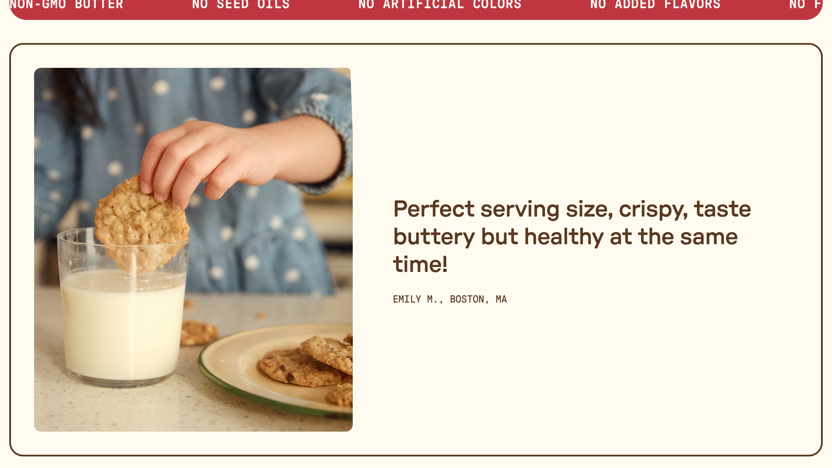 Joy Supply testimonial: child dips a cookie in milk beside Emily M.’s quote about crispy cookies.