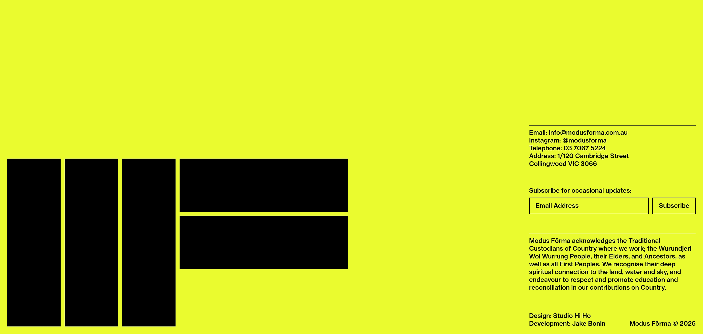 Modus Forma footer: yellow field, black geometric mark, contact details, subscribe form, and acknowledgement.
