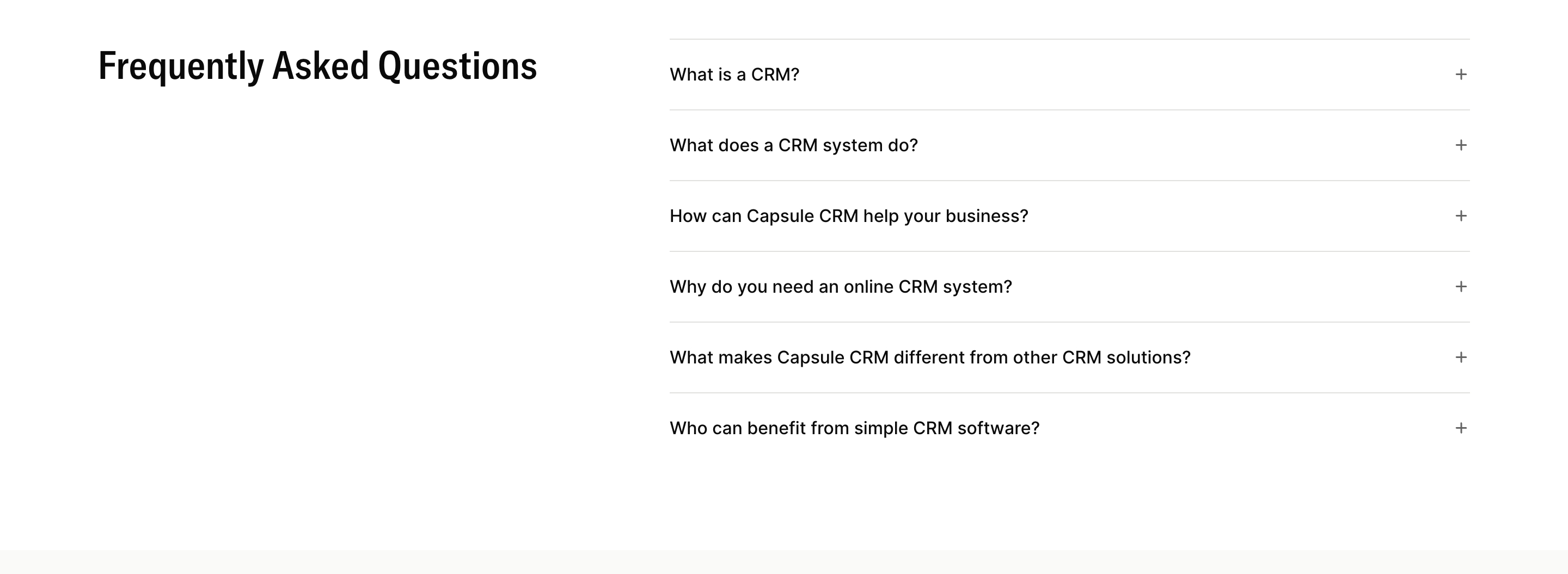 Capsule CRM FAQ section with a bold left heading and six plus-marked questions