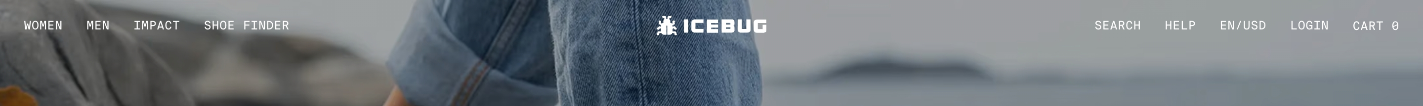 Icebug header navigation with centered logo, all-caps links, and utilities over an outdoor photo