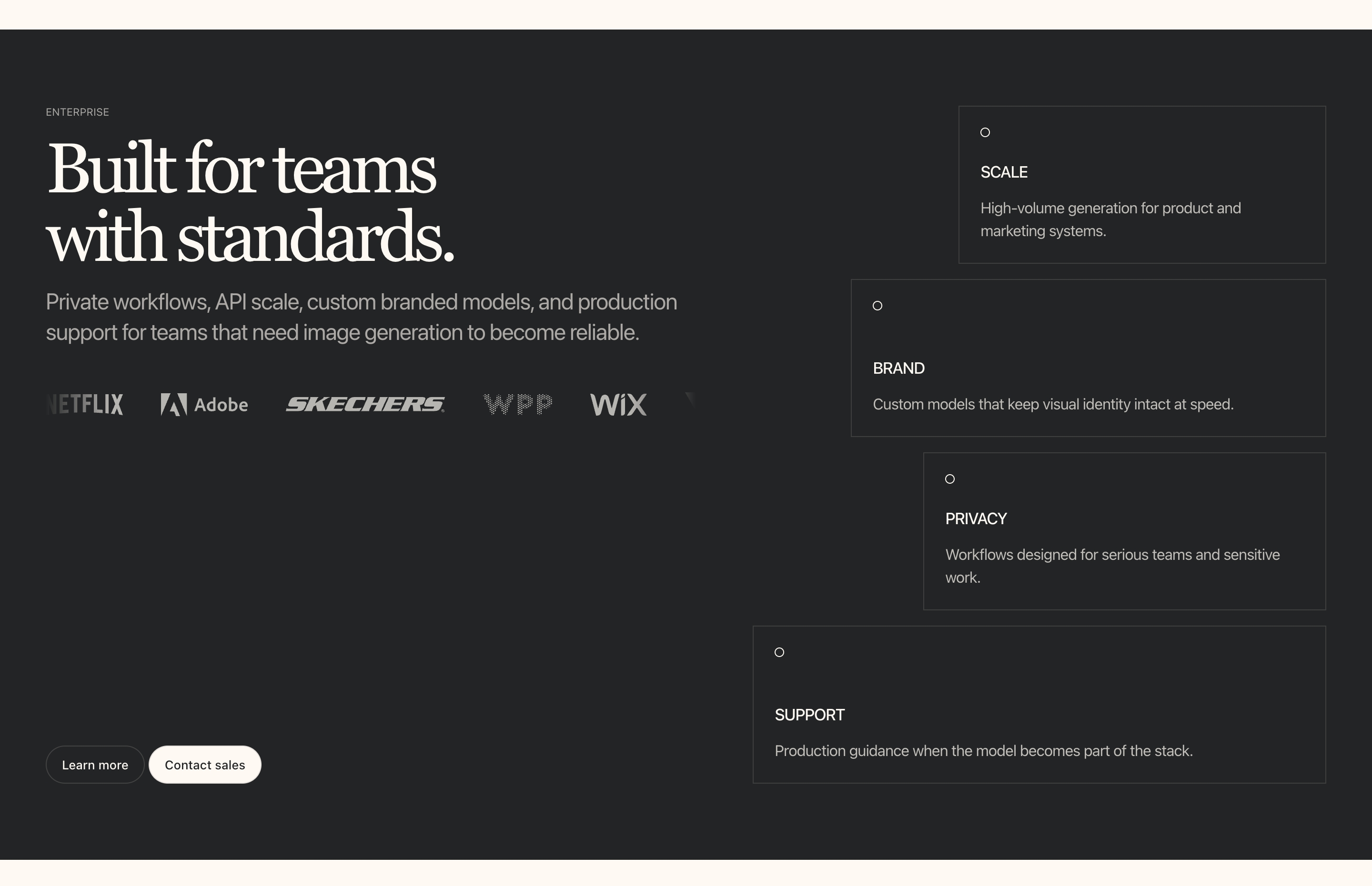 Ideogram enterprise section: serif headline, client logos, and staggered Scale, Brand, Privacy, Support cards