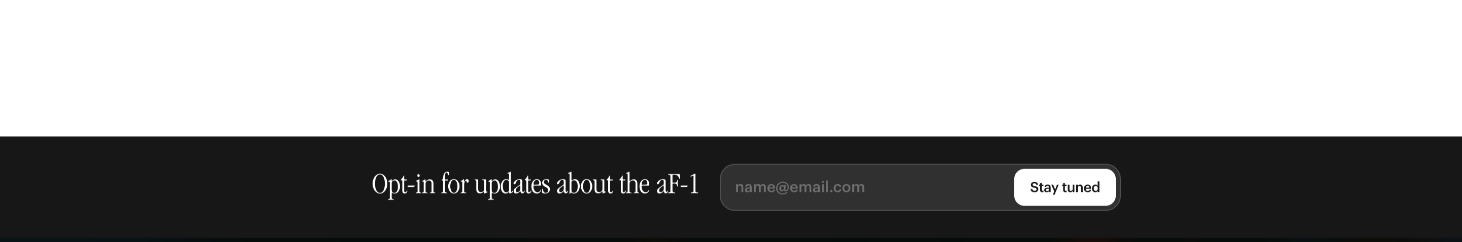 Analogue aF-1 newsletter bar: serif opt-in line, email field, and Stay tuned button on a dark strip