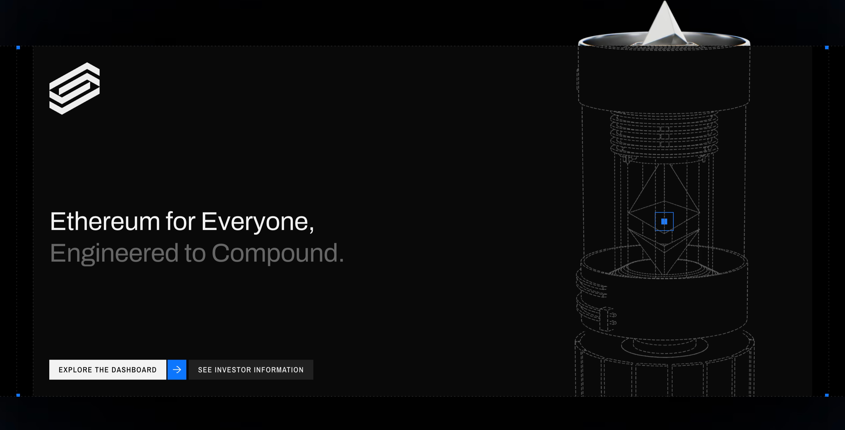 Sharplink hero: dark two-column layout with Ethereum headline, two CTAs, and a white wireframe cylindrical tower.