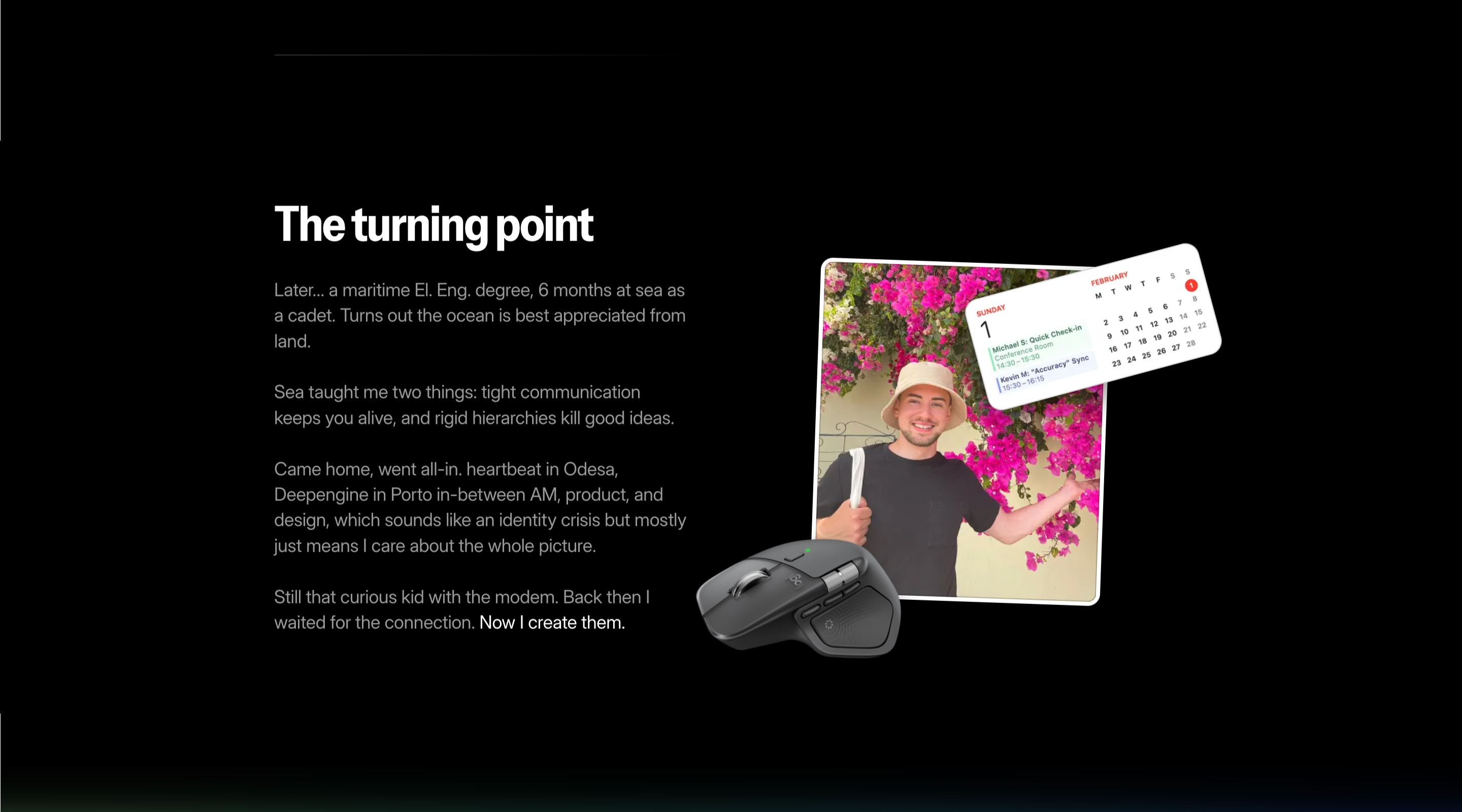 Artem Astakhov story section with turning-point text beside a floral portrait, calendar, and mouse.