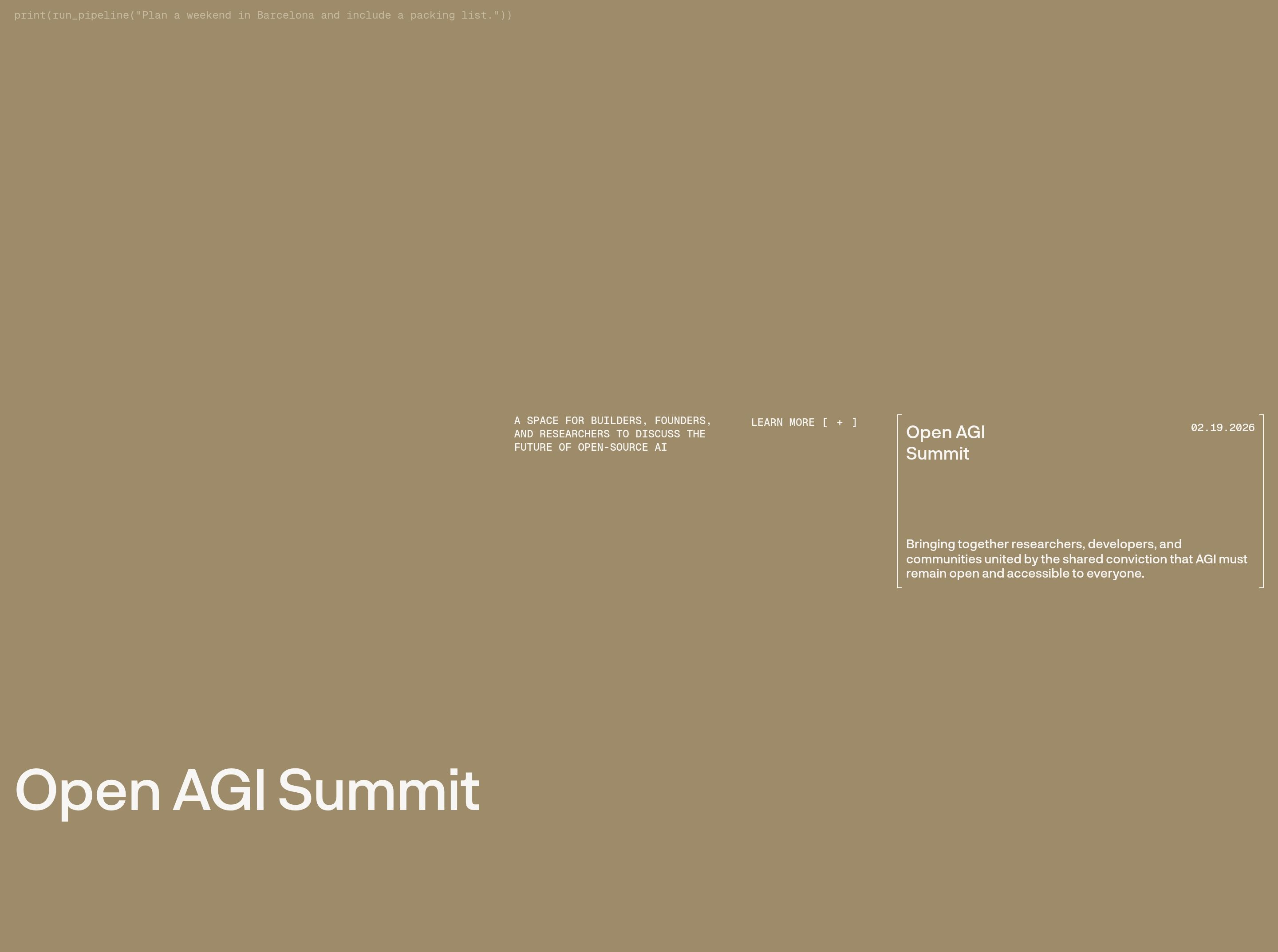 Sentient Foundation event section: khaki field with Open AGI Summit title, framed 02.19.2026 card, and Learn More copy.