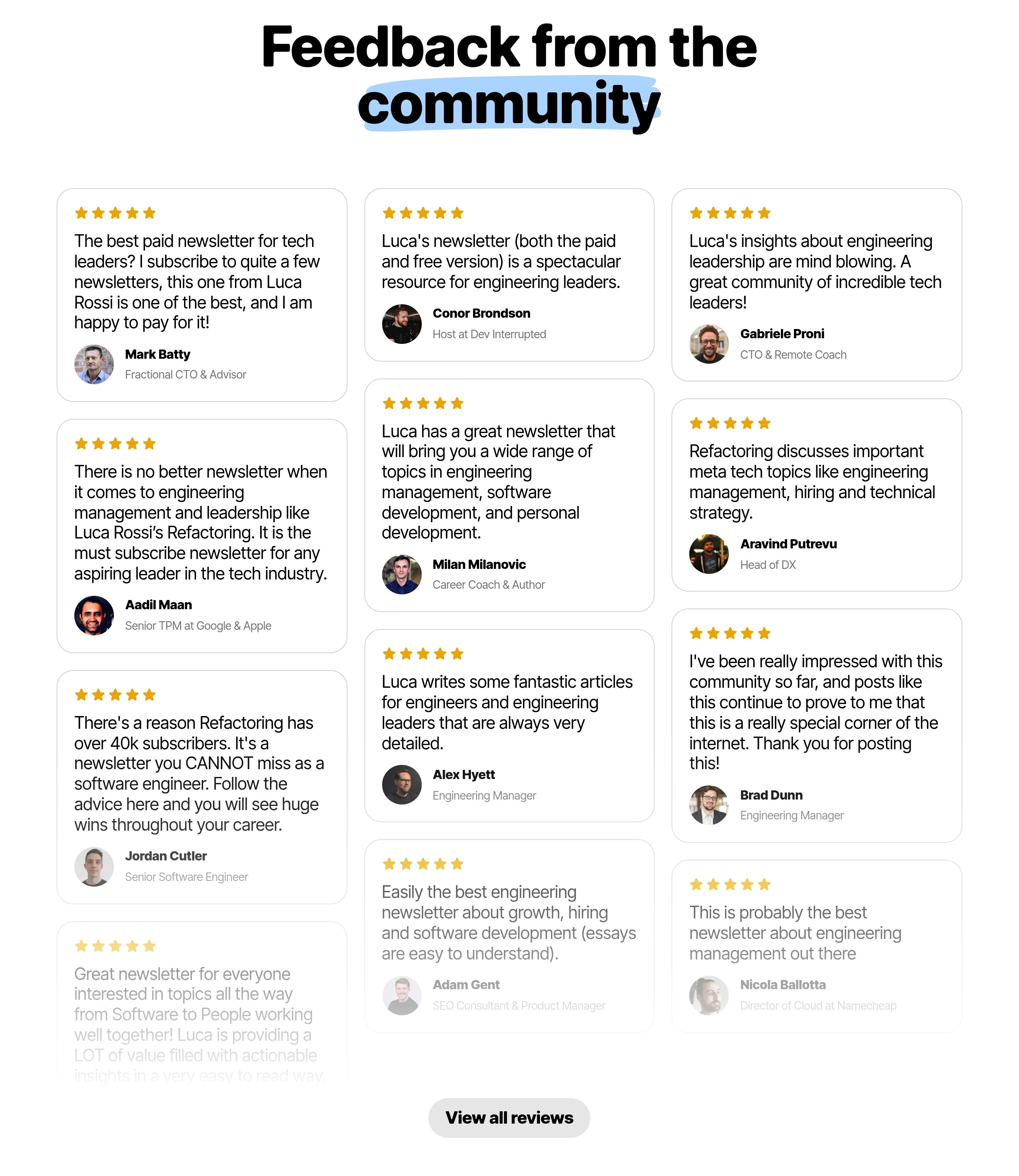 Refactoring testimonials: highlighted community headline above masonry quote cards with stars, avatars, and View all reviews