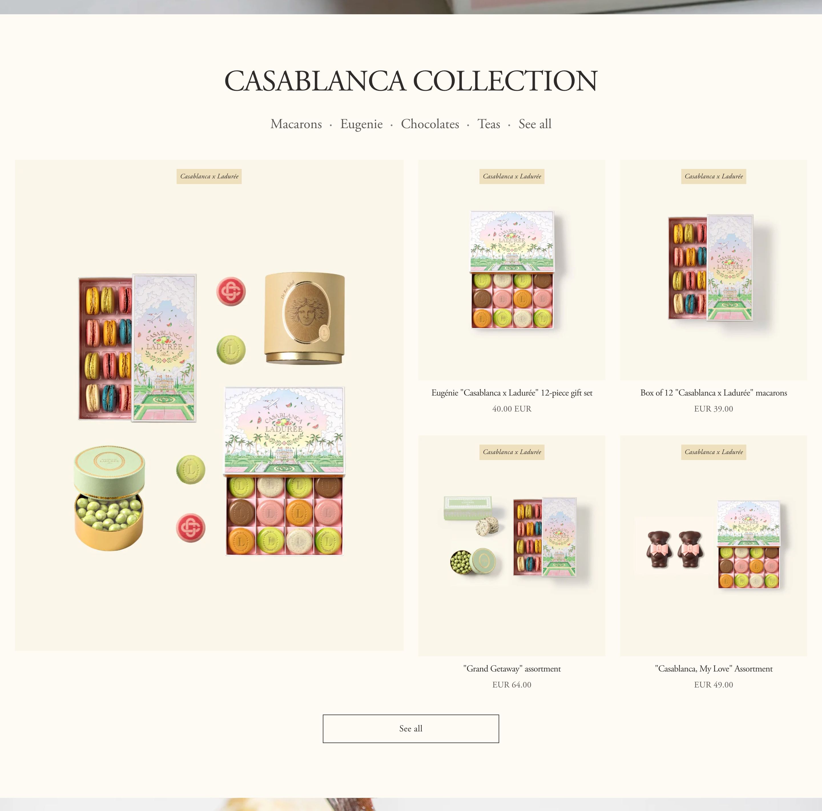 Ladurée Casablanca collection grid showing boxed macarons, tins, and priced gift sets on cream