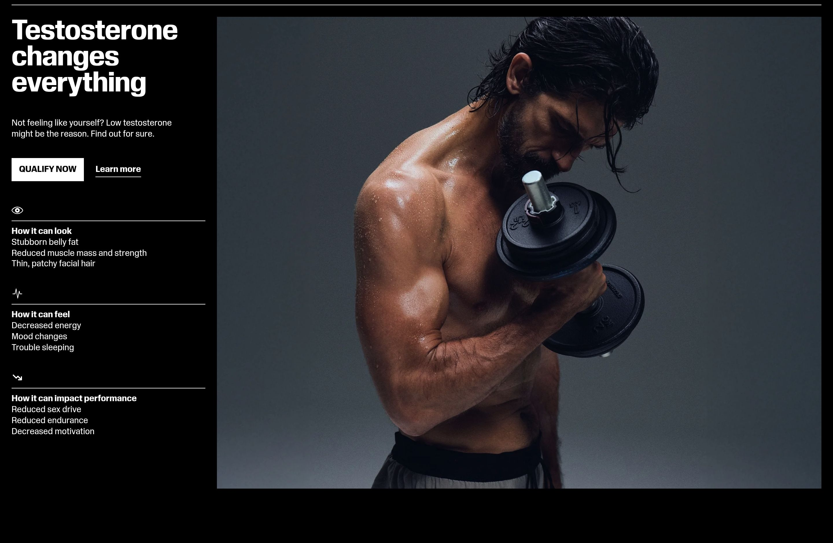 Rugiet testosterone section: dark left copy, CTAs and symptom lists beside a photo of a man lifting a dumbbell