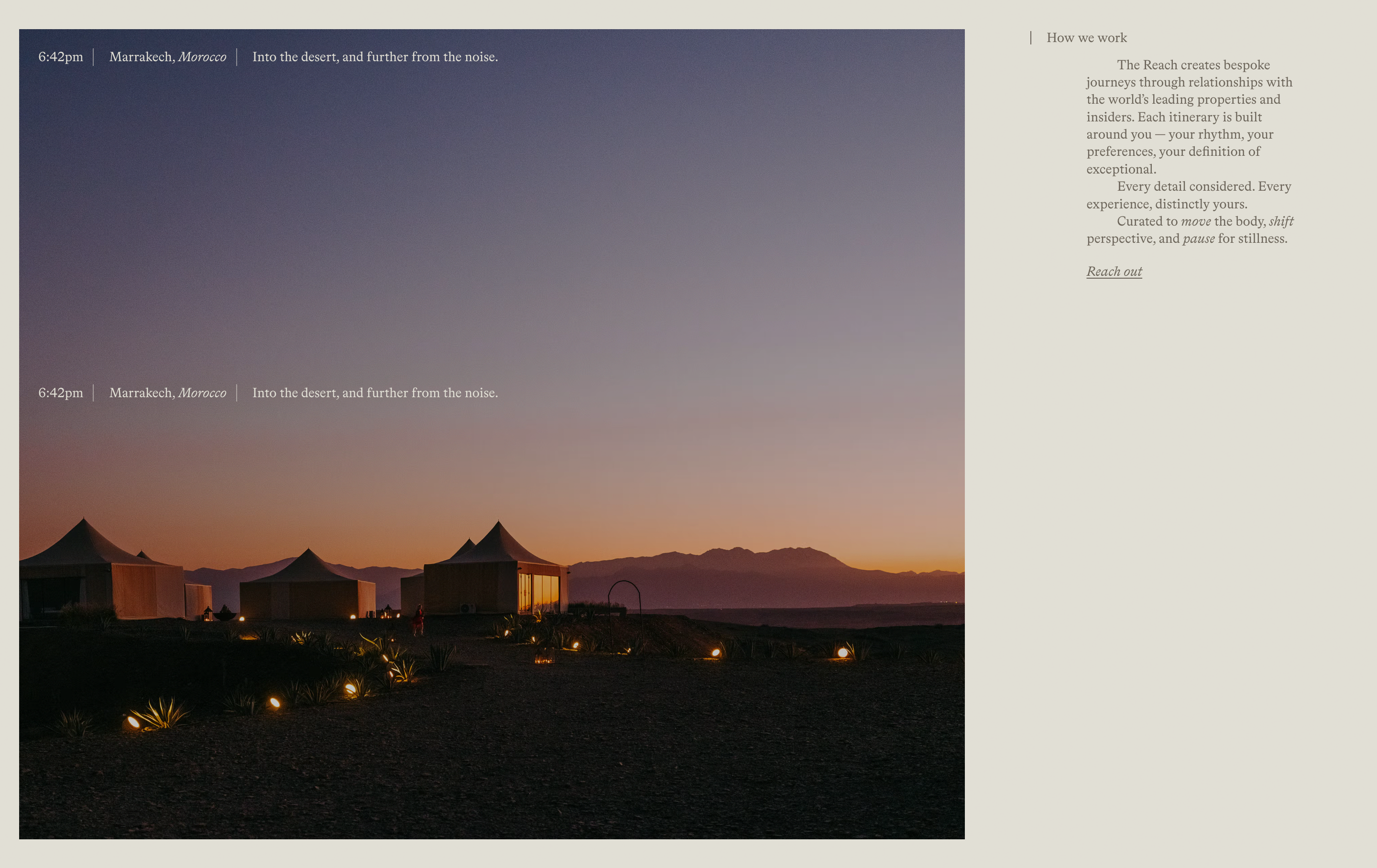 The Reach How we work section with Marrakech desert tents at dusk beside cream serif process copy