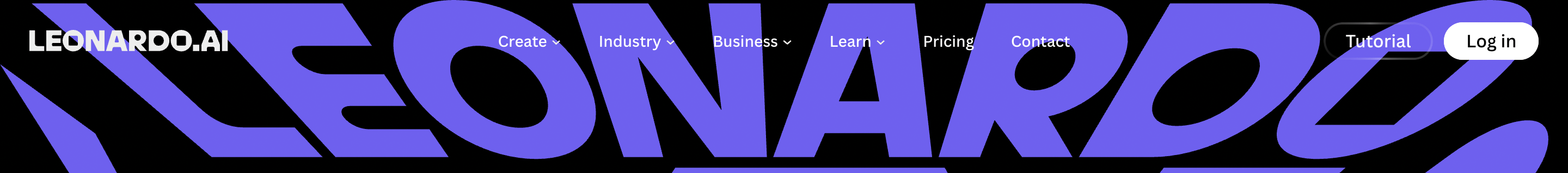 Leonardo.Ai header: compact white nav over a huge cropped purple LEONARDO wordmark on black