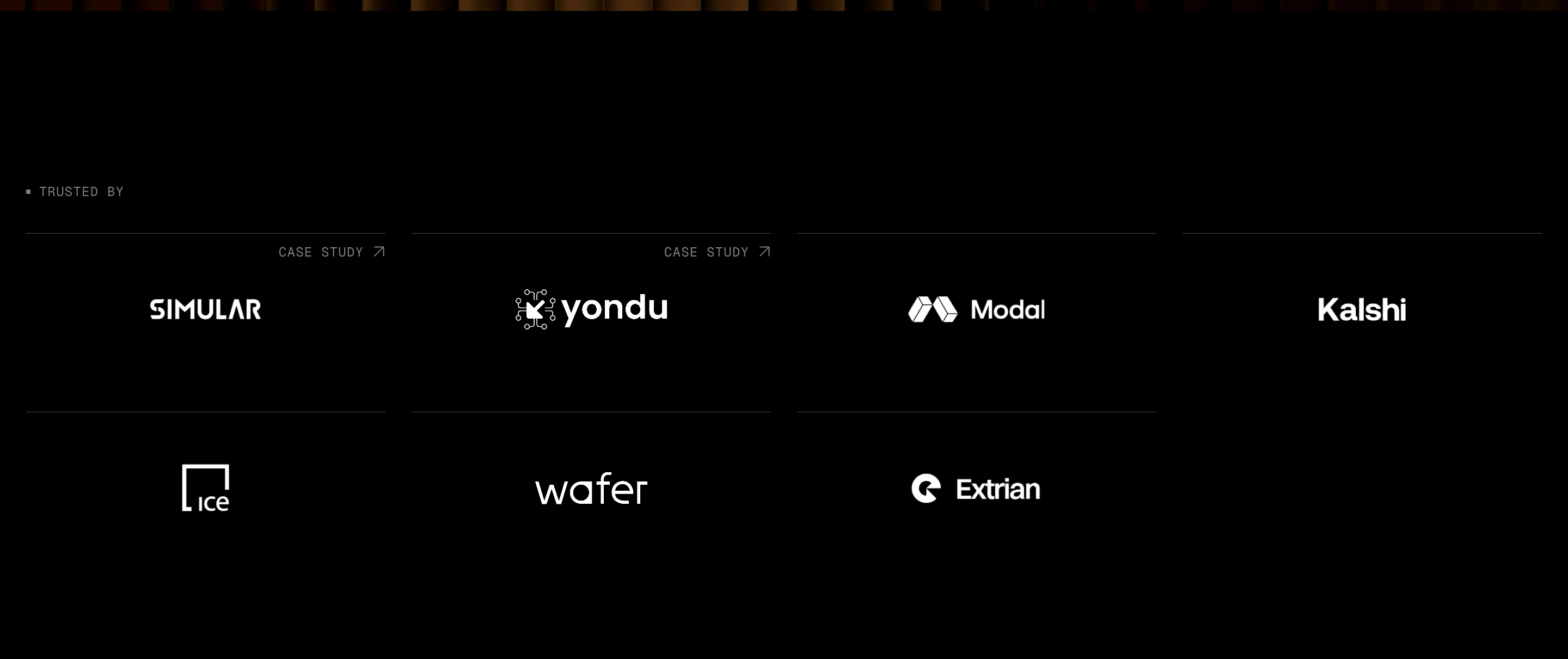Ornn trusted-by logo grid with white Simular, Yondu, Modal, Kalshi, Ice, Wafer and Extrian marks on black.