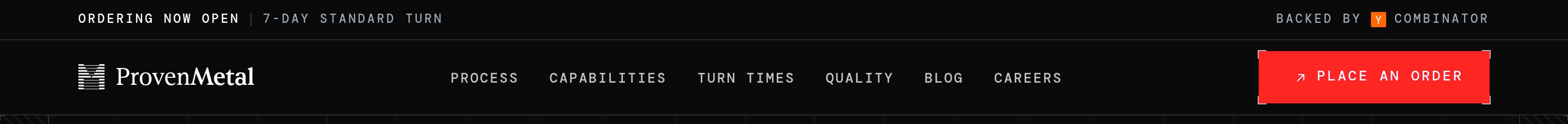 ProvenMetal dark navigation header with announcement bar, logo, all-caps links, and red Place an Order button