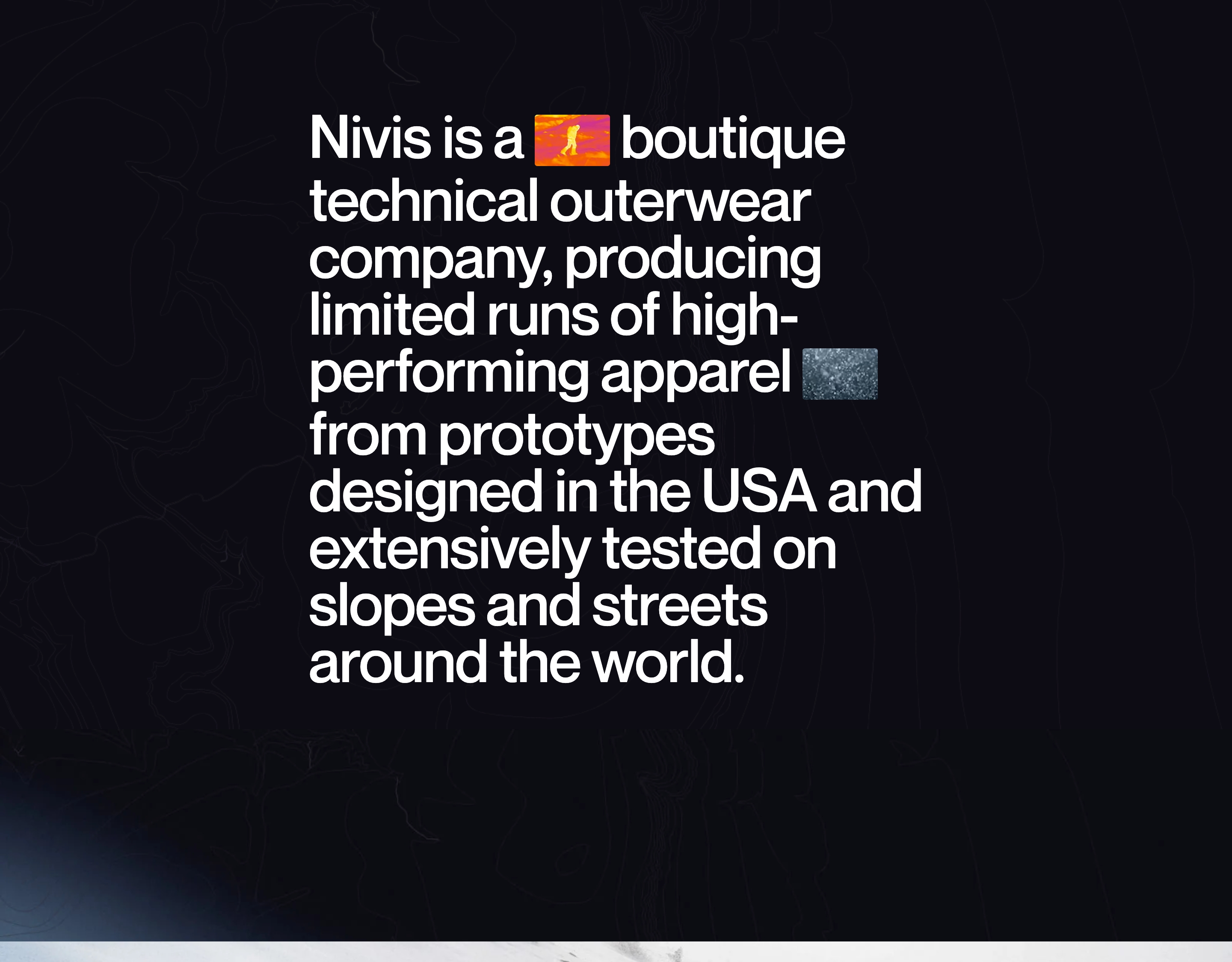 Nivis Gear about section: large white mission paragraph with two small inline photos on a dark topographic background