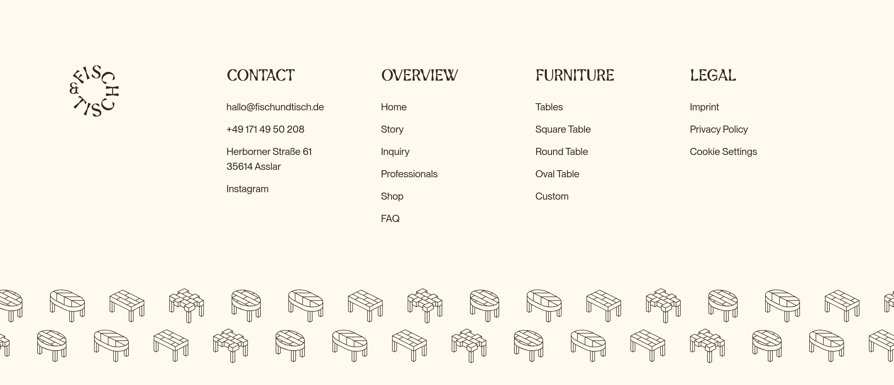 Fisch und Tisch footer with circular logo, four link columns, and a band of isometric table line drawings.