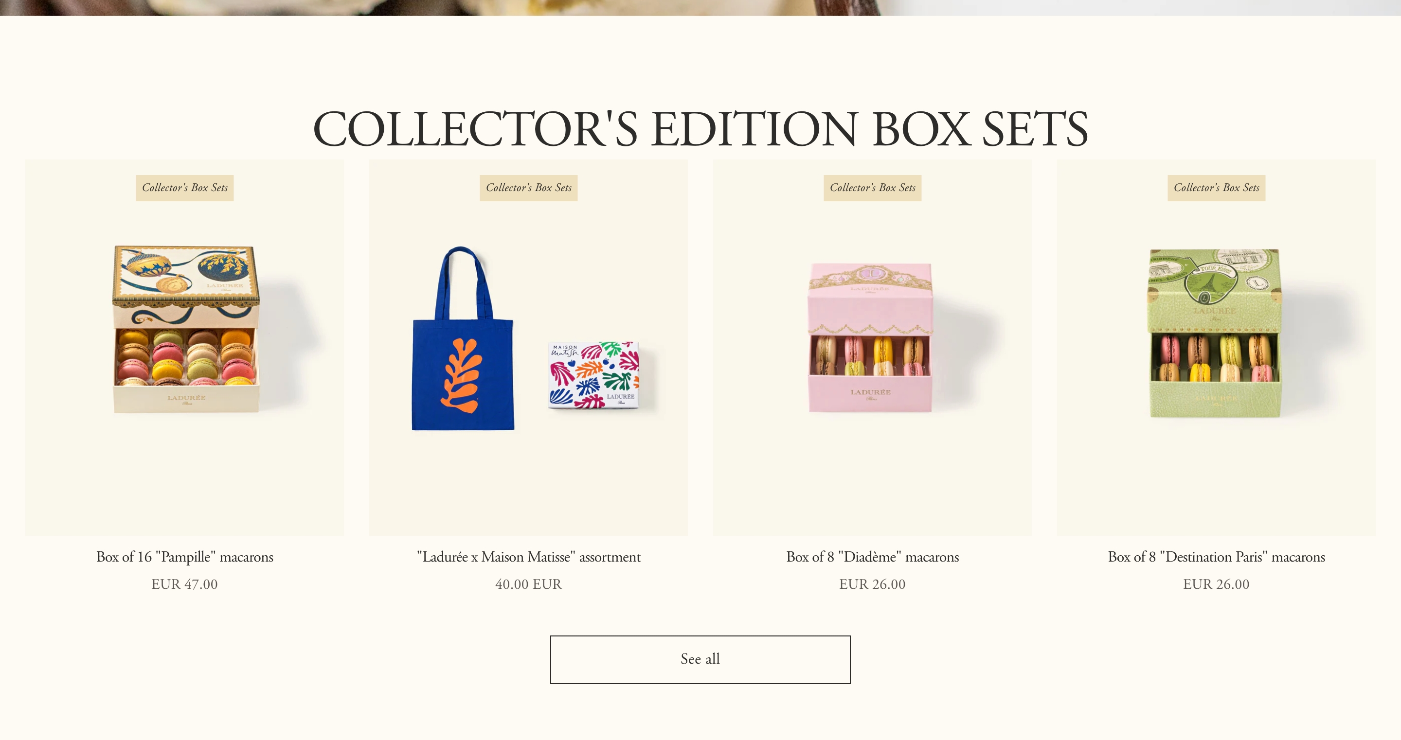 Ladurée collector box-set grid showing four packaged macaron gifts with prices and a See all button