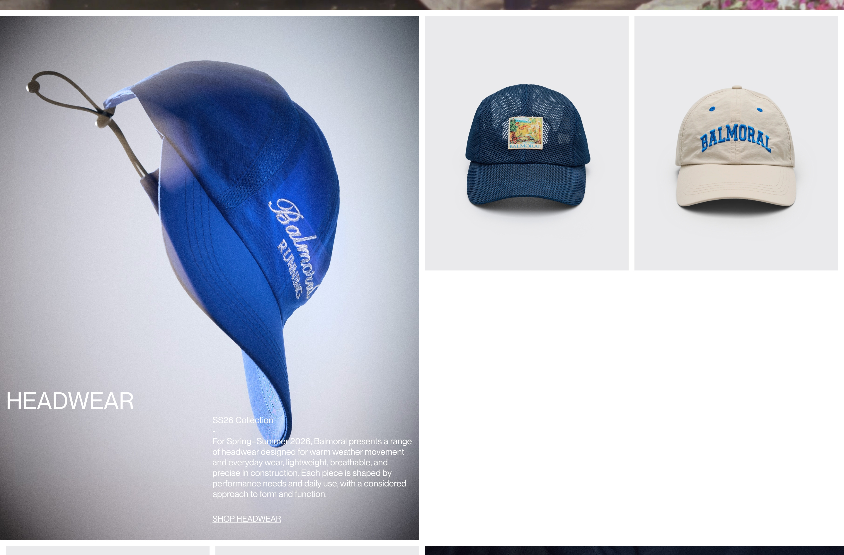 Balmoral Running headwear section with a large blue cap photo, SS26 copy, and two smaller hat shots.